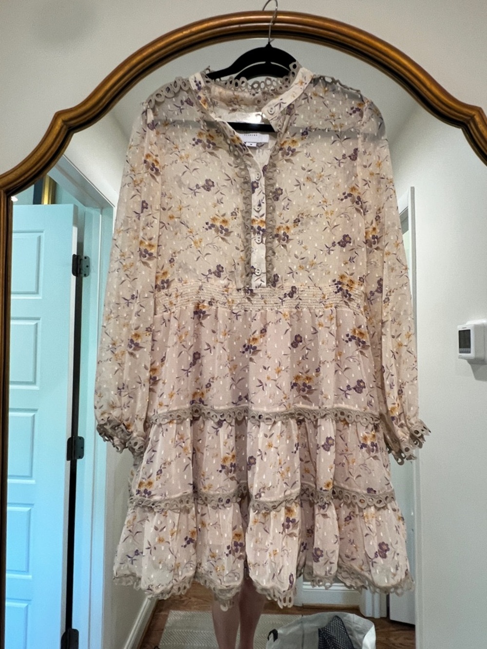 The Shirt M Ivory Floral Tiered Lace Trim Dress - Ivory, Purple & Mustard